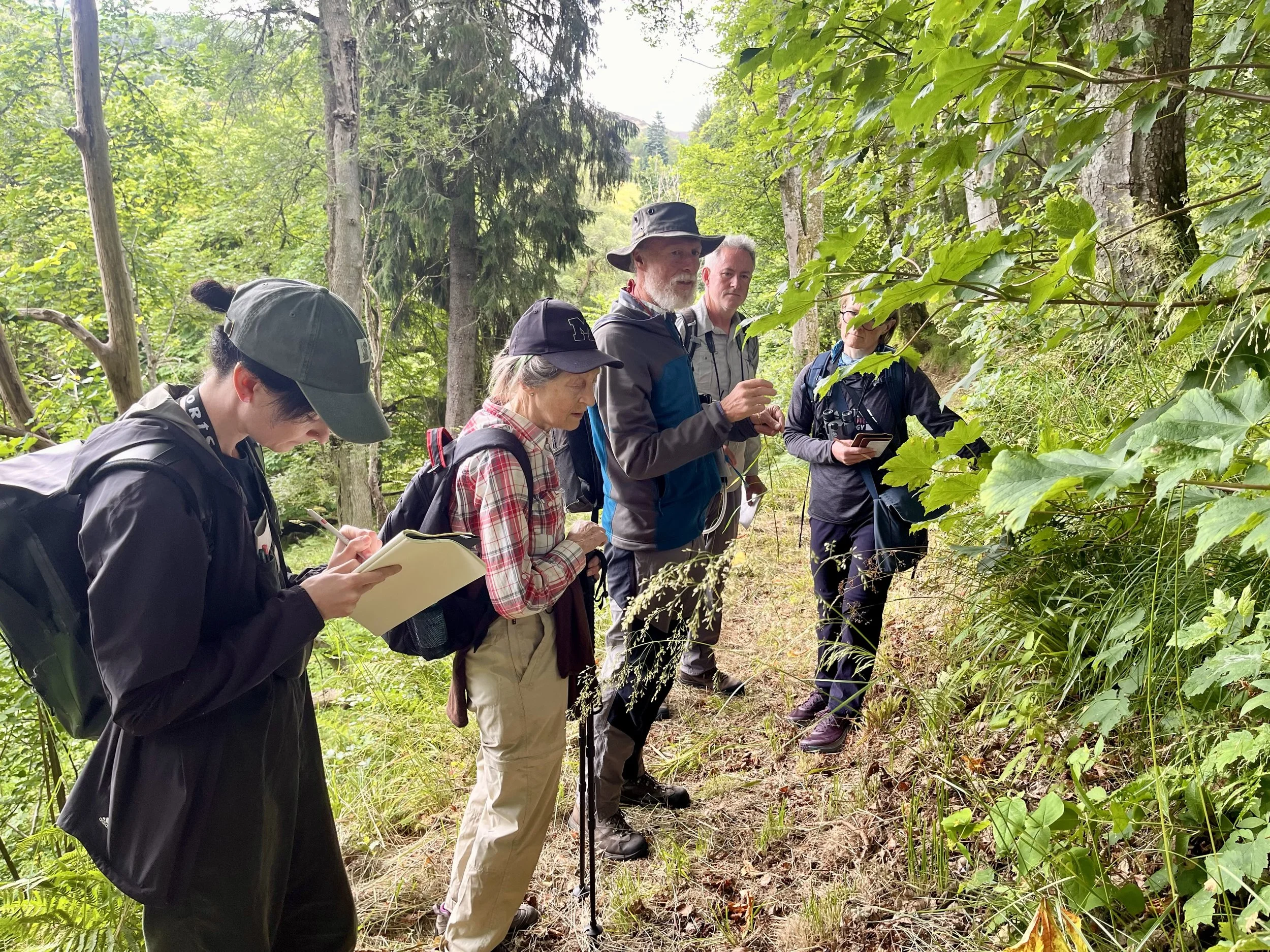 A group of six people on a nature walk in a wooded area, with some taking notes or observing with binoculars, surrounded by green trees and foliage.