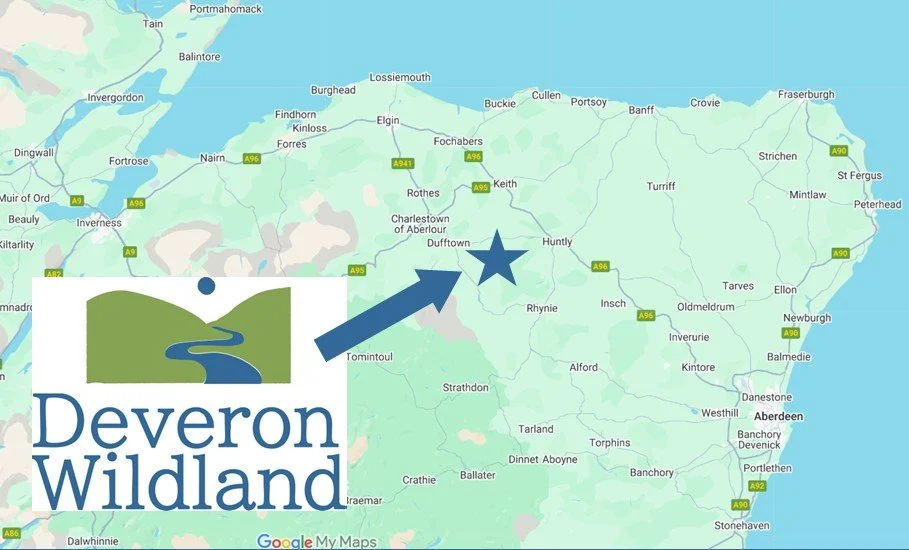 Map of northern Scotland with an arrow pointing to a star near the center. Inset logo of Deveron Wildland with a mountain, river, and trees.