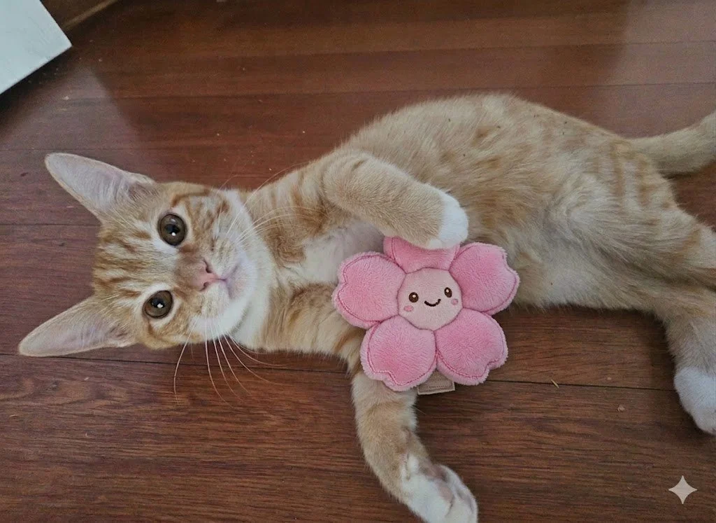 Orange tabby cat lying on wooden floor holding a pink plush flower with a smiling face.
