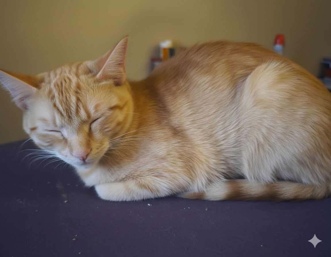 An orange tabby cat sleeping with its head resting on its front paws.