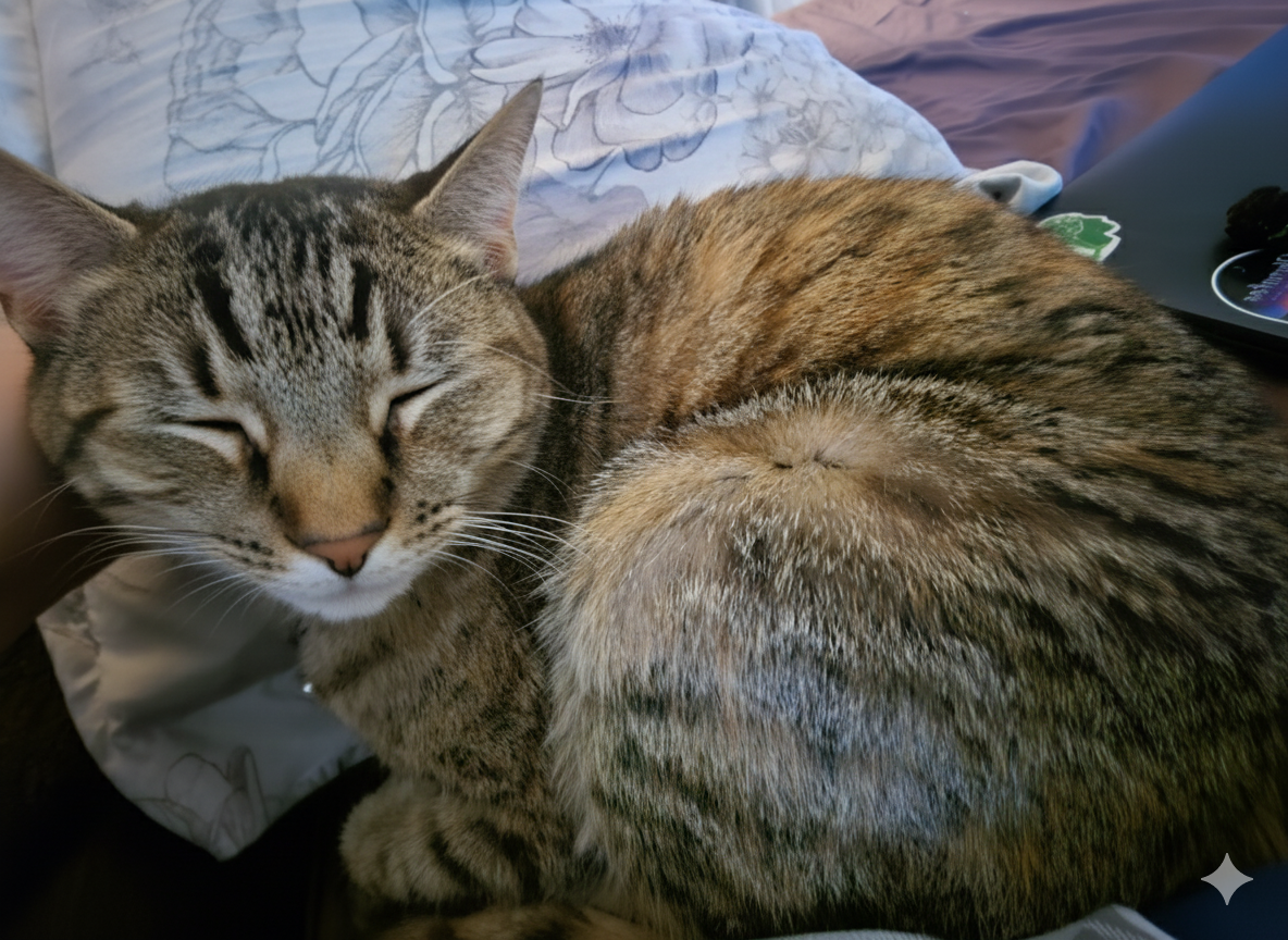 A gray tabby cat with closed eyes, resting on a bed with floral sheets, curled up and cuddling head to tail.