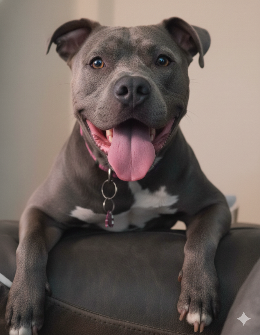A happy gray dog with a white chest and paws, sitting on furniture, with its tongue out and wearing a pink collar.