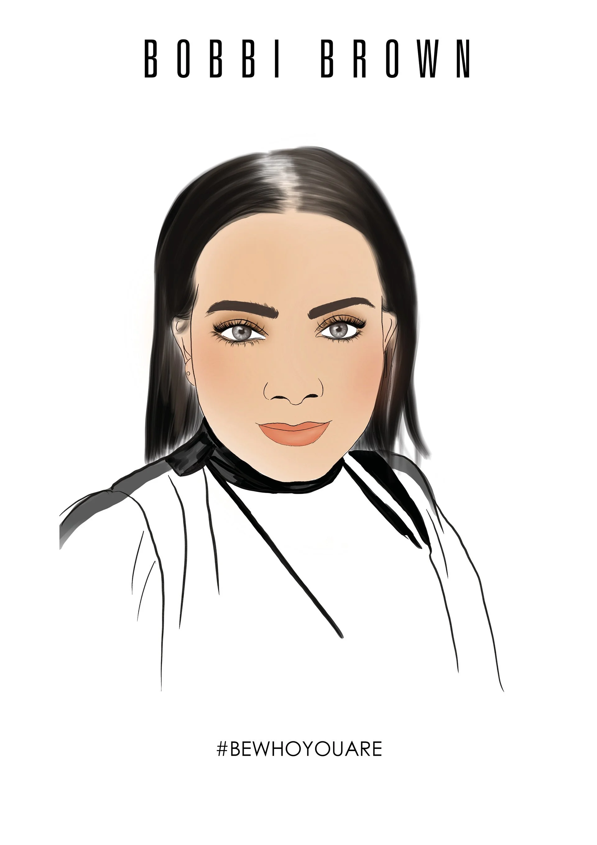 A digital illustration of a woman with dark hair and gray eyes, wearing a black and white top, with the name Bobbi Brown at the top and the hashtag #BEWHOYOUARE at the bottom.