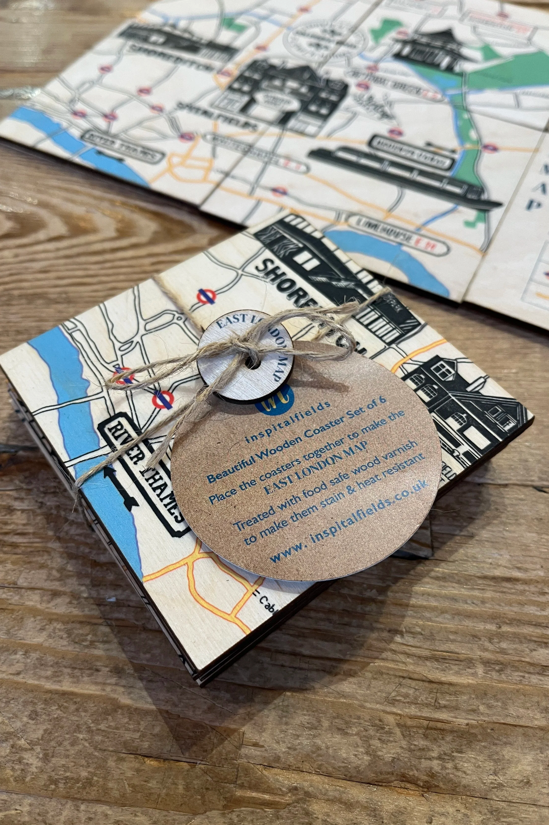 East London Map Set of 6 Square Wooden Coasters