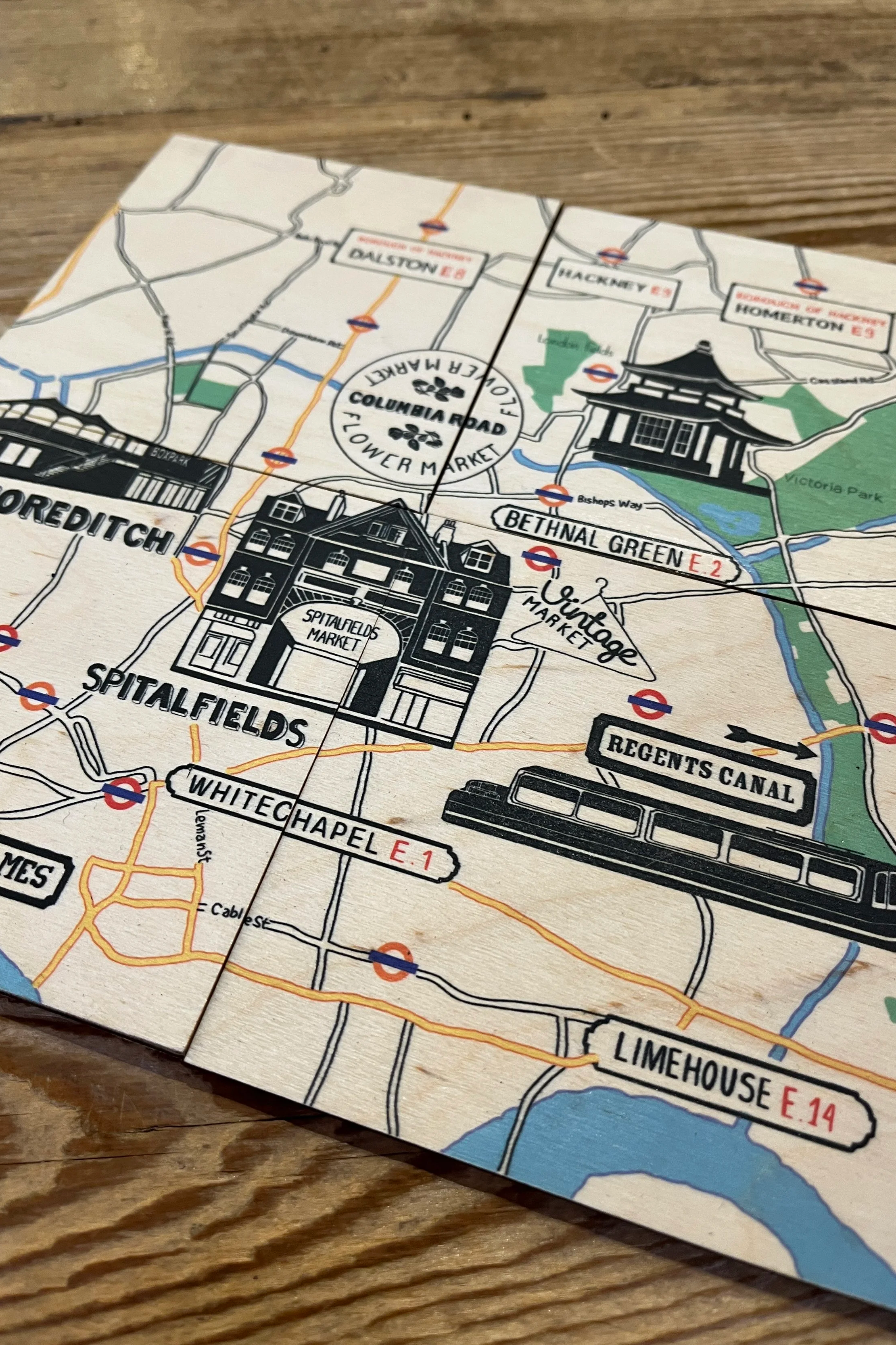 East London Map Set of 6 Square Wooden Coasters