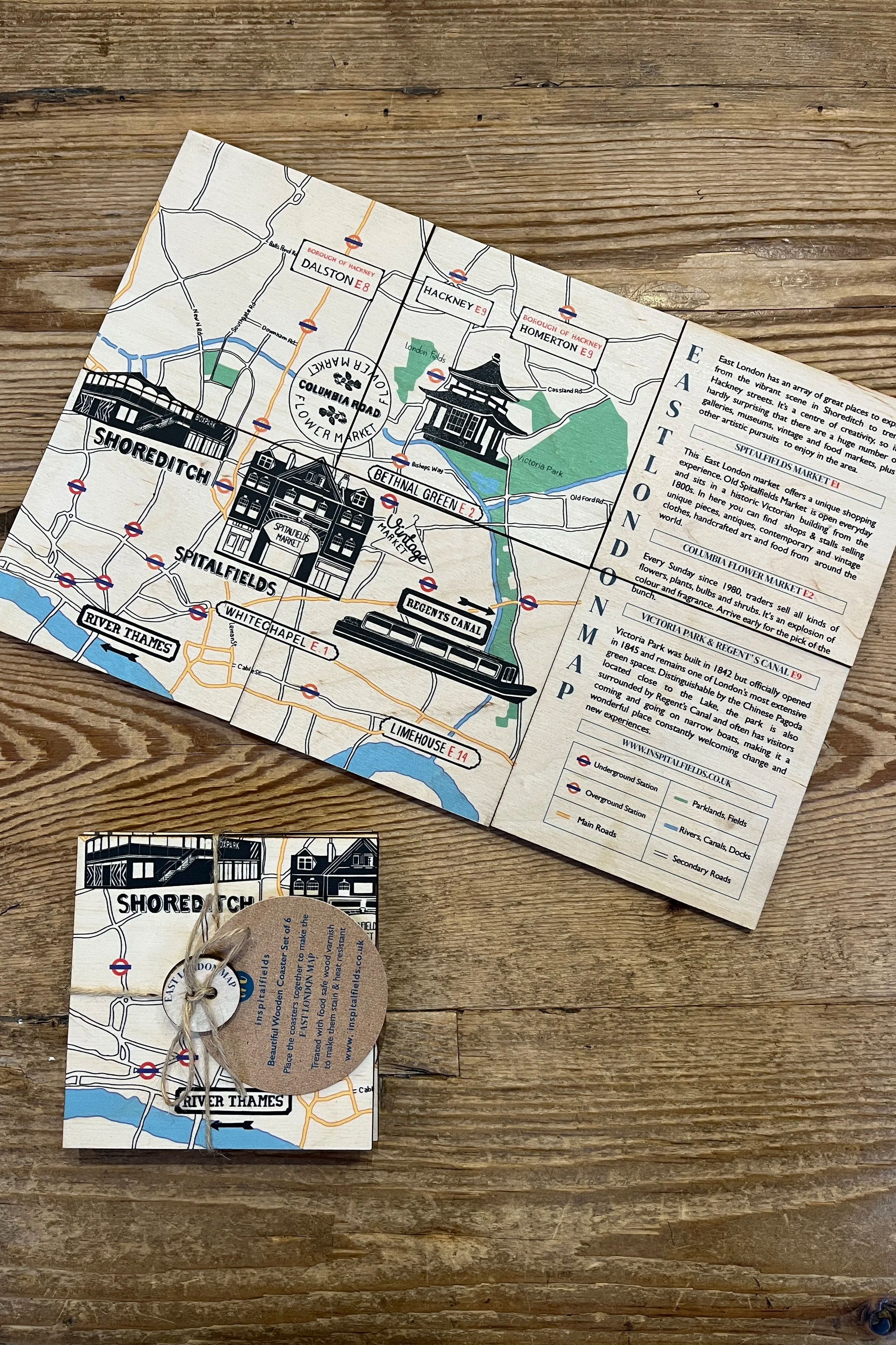 East London Map Set of 6 Square Wooden Coasters