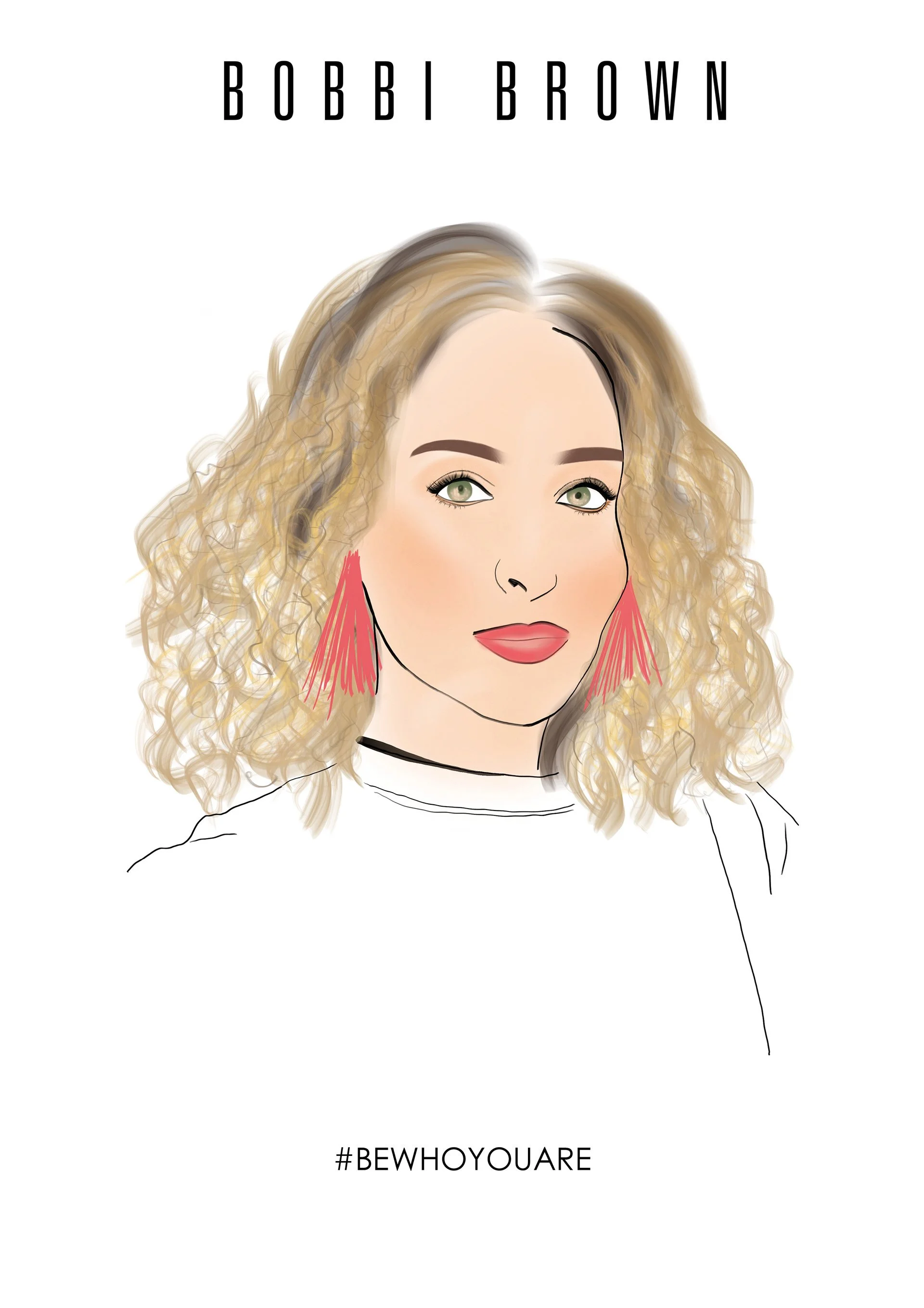 Illustration of a woman with curly blonde hair, green eyes, pink earrings, and pink lipstick. The image includes the text 'BOBBI BROWN' at the top and '#BEWHATYOUIARE' at the bottom.
