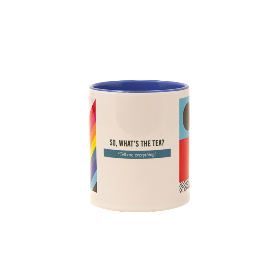 "So, what's the tea?" ceramic mug & wooden coaster set