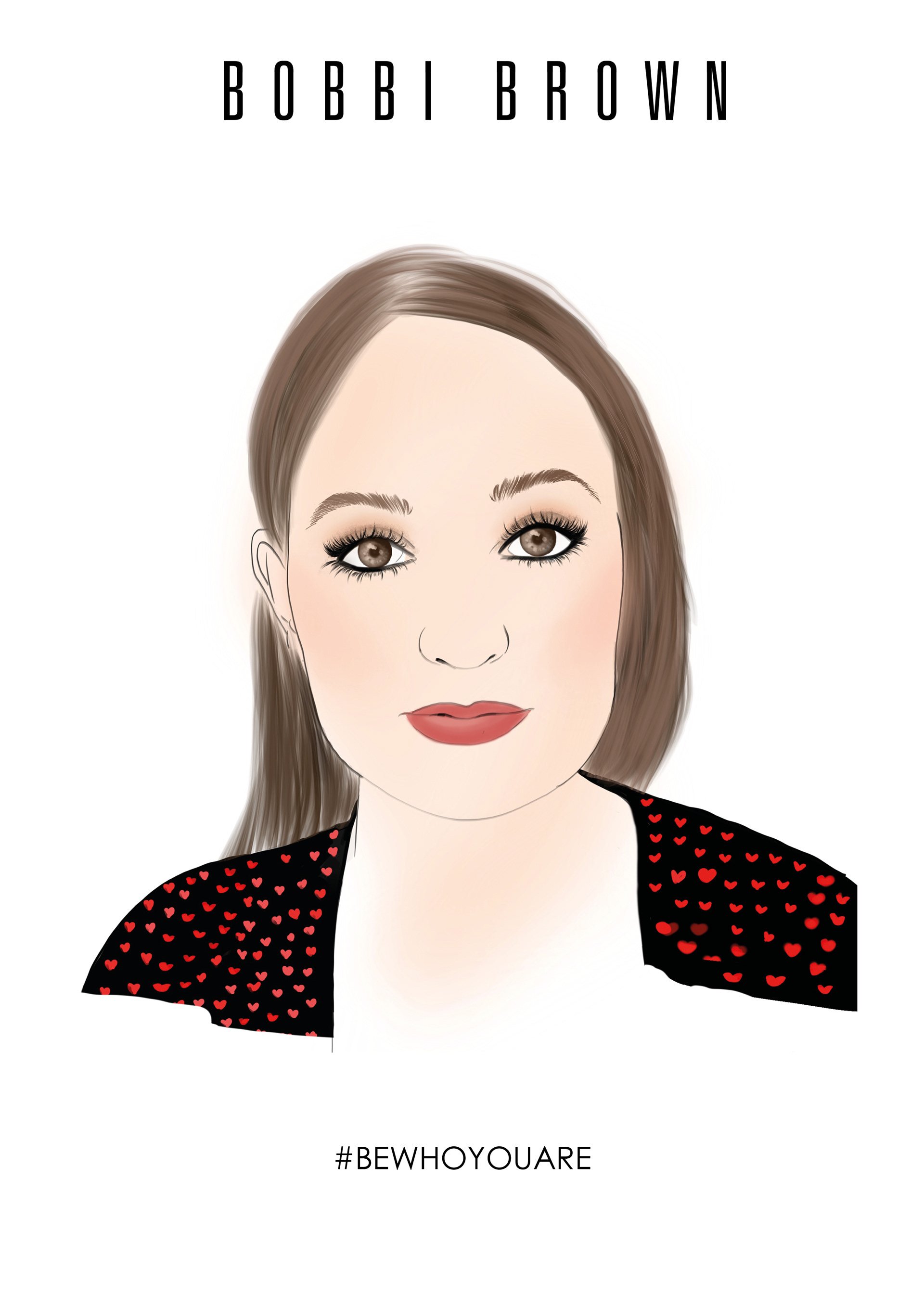 Digital illustration of a woman with brown hair, brown eyes, makeup, red lipstick, wearing a black top with red heart pattern, and the text 'BOBBI BROWN' and '#BEWHOYOUARE' at the top and bottom.