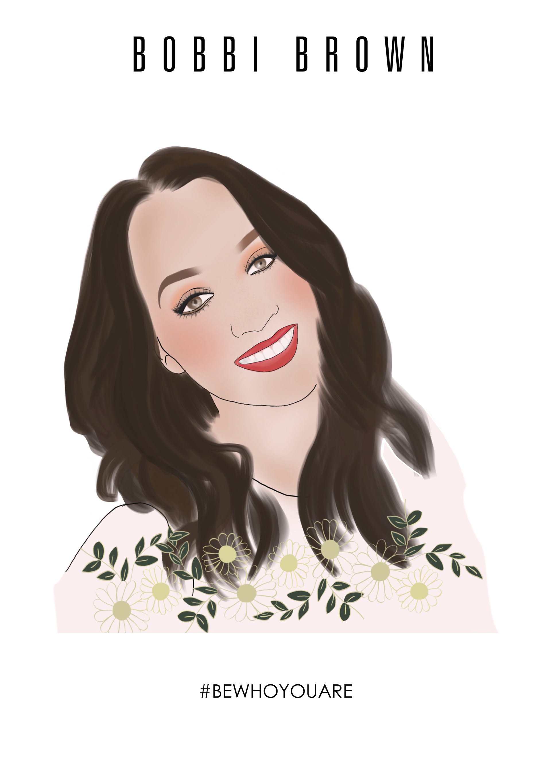 Stylized digital illustration of a woman with long dark hair and bright red lipstick, smiling, with floral design at the bottom, and text 'BOBBI BROWN' at the top and '#BEWHOYOUARE' at the bottom.