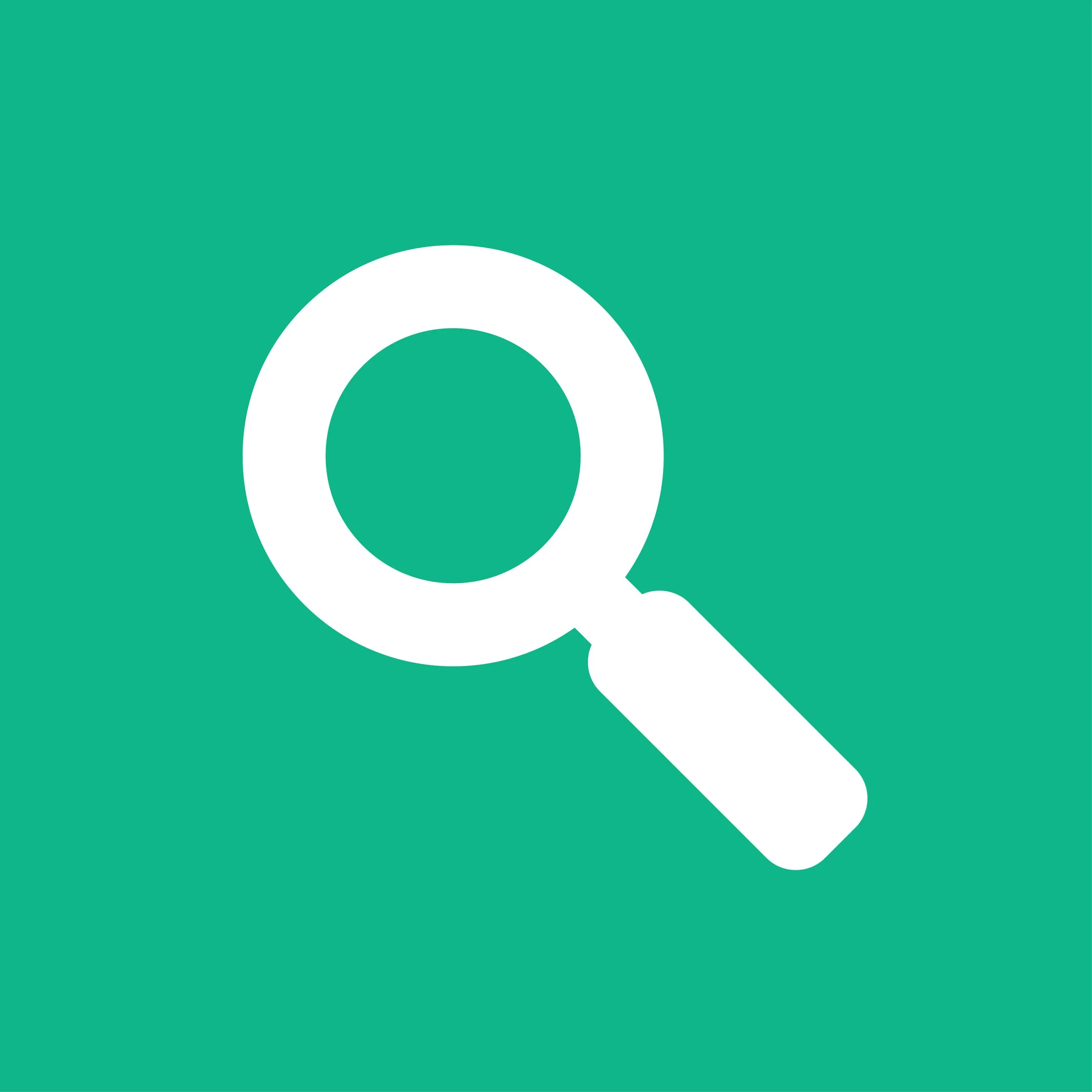 A white search magnifying glass icon on a teal background.