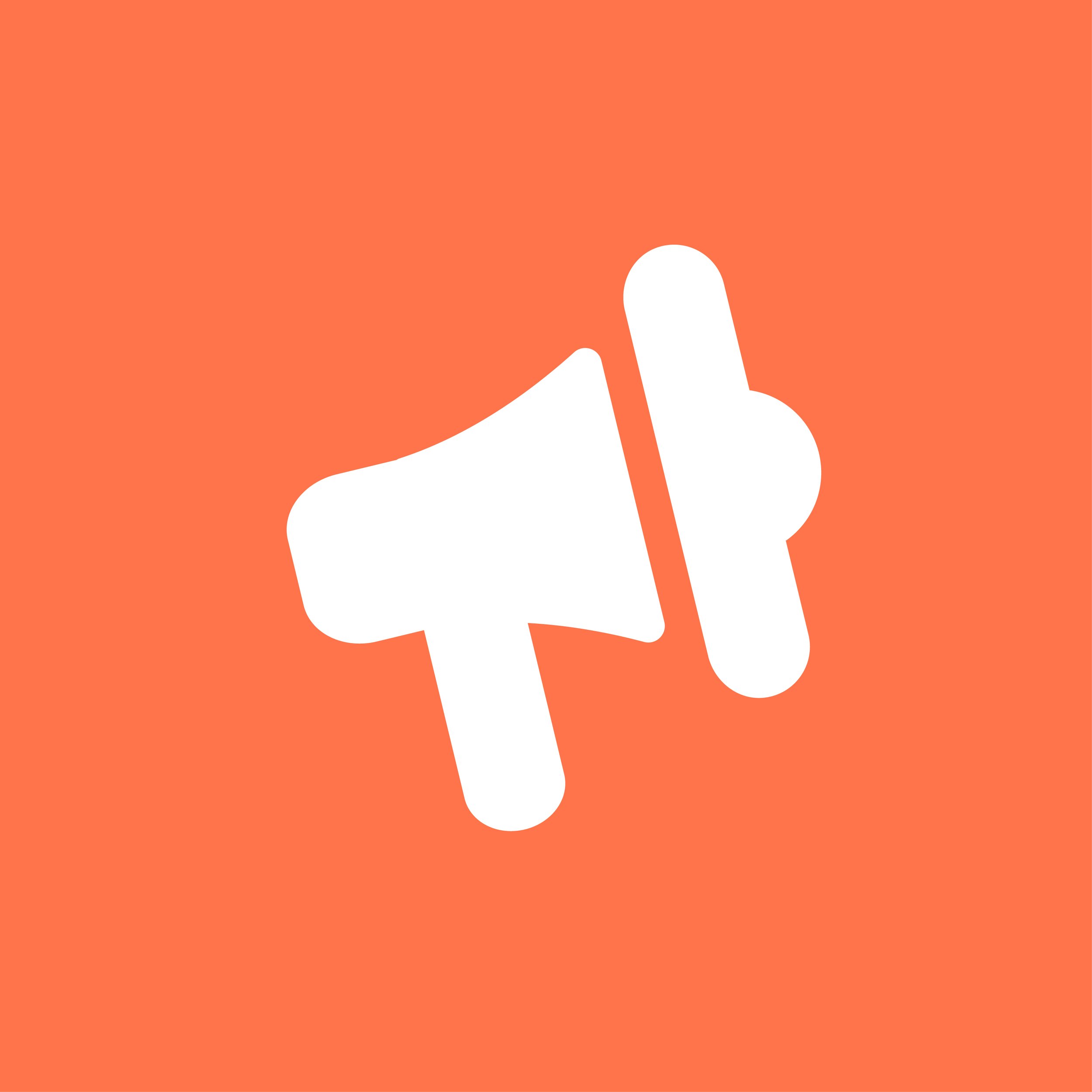 Close-up image of an orange background with a white icon representing a hand with two fingers forming a 'V' shape.