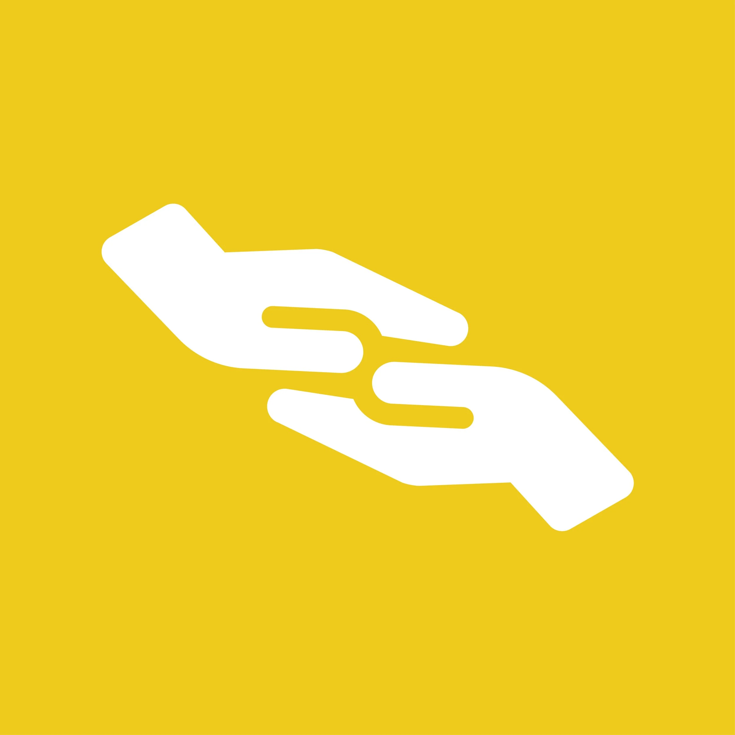 Illustration of a handshake between two white hands on a yellow background.