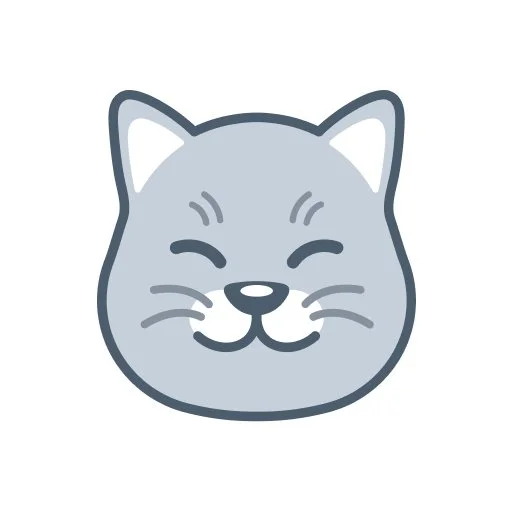 Cartoon gray cat's face with closed eyes and a smiling expression.