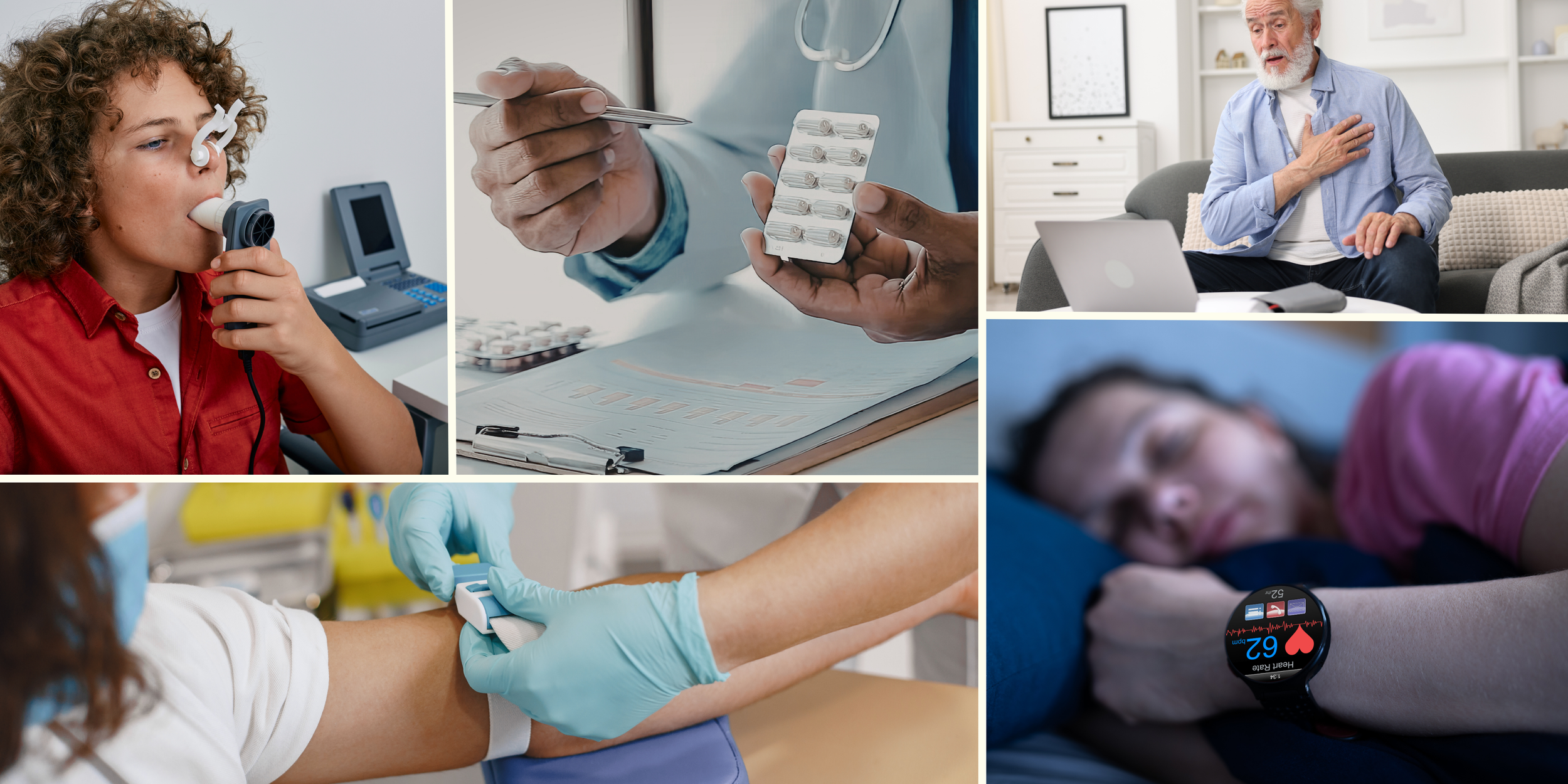 Collage of medical scenarios, including a child using an inhaler, a healthcare professional with medication, an older man experiencing chest pain, a patient donating blood, a nurse drawing blood, and a person wearing a health monitor on their wrist.