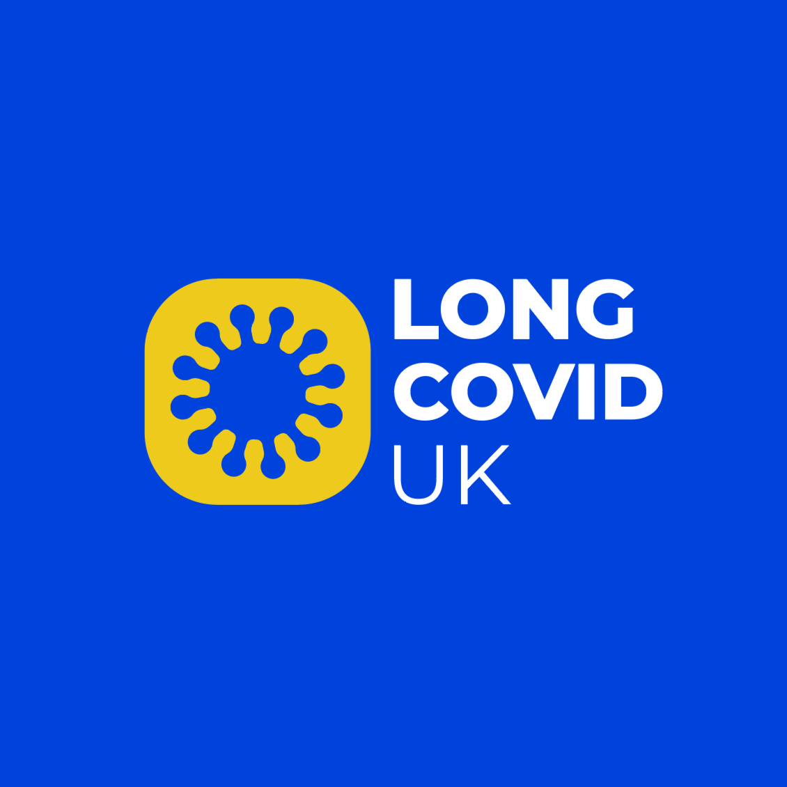 Blue background with yellow and white logo for Long COVID UK, featuring a stylized virus icon.