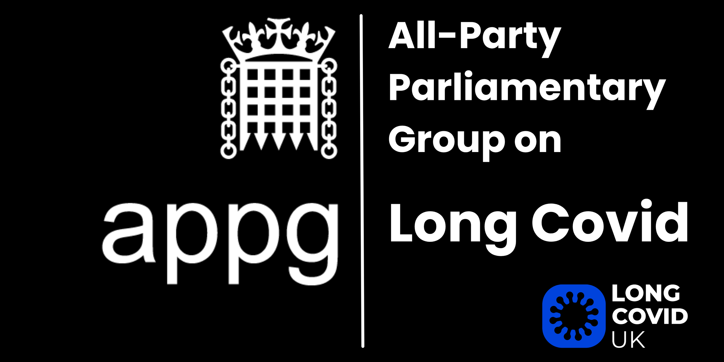 A black background with white text that reads 'All-Party Parliamentary Group on Long Covid' and 'apply.' There is a logo of a crown and a chained shield, and a blue icon with a virus symbol and text that reads 'LONG COVID UK'.