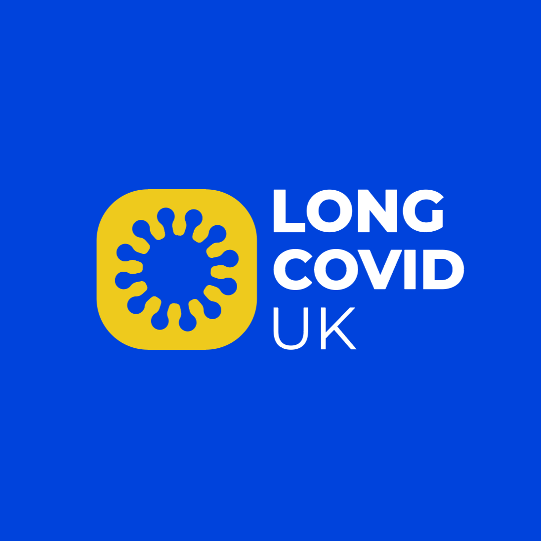 Logo for Long COVID UK featuring a blue background, a yellow virus icon, and white text.