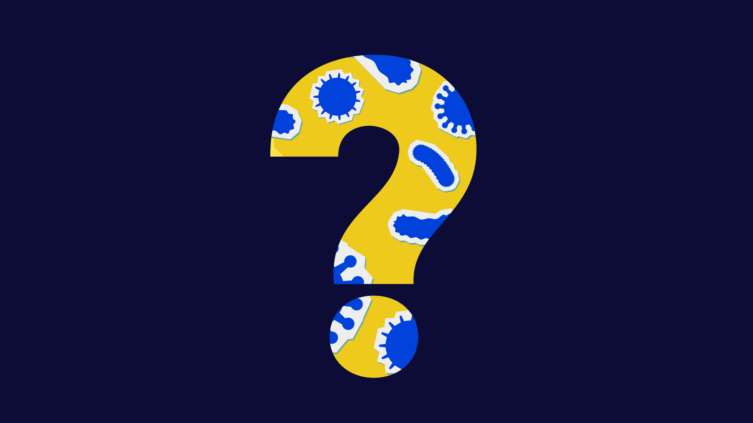 A large yellow question mark with blue and white virus-like shapes inside it, on a dark blue background.