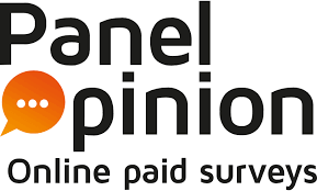 Logo for 'Panel Opinion' featuring the text 'Online paid surveys' with an orange speech bubble containing three dots.