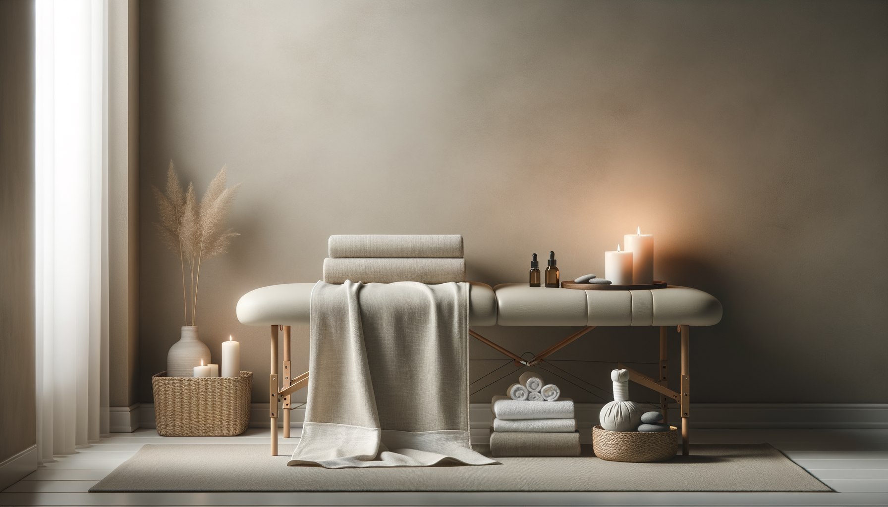 A minimalist massage or spa table with candles, essential oils, and rolled towels, creating a calming atmosphere.