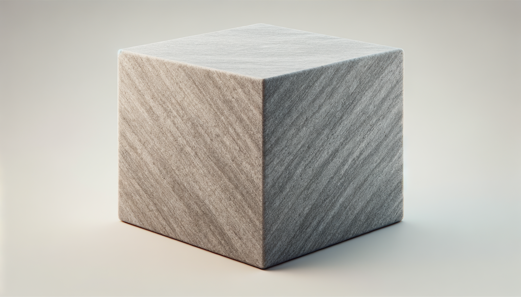 A cube-shaped object made of textured material, resembling stone or concrete, with varying shades of gray, placed on a neutral background.