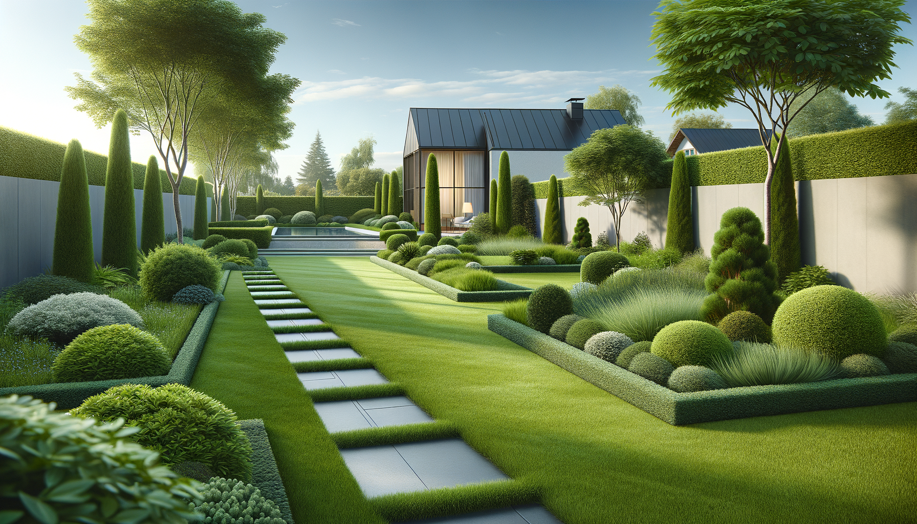 Modern backyard garden with a variety of well-manicured trees, shrubs, and hedges, featuring a pathway with stepping stones leading to a small outdoor sitting area near a contemporary house under a partly cloudy sky.