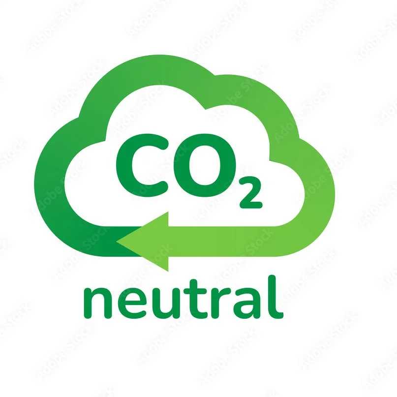 Green cloud with 'CO2' inside and a left-pointing arrow below, with the word 'neutral' underneath, representing carbon neutrality.
