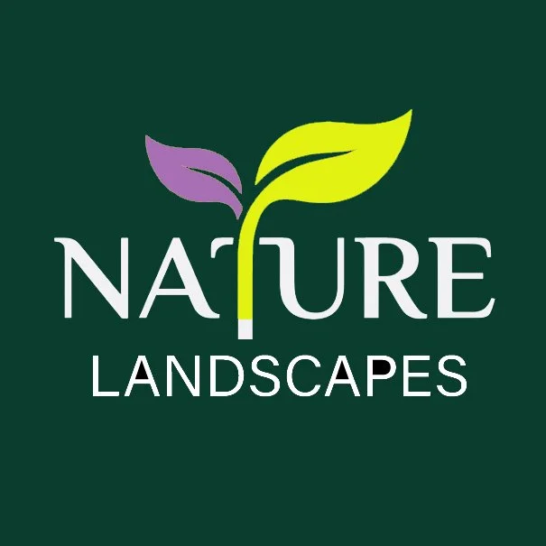 Logo for Nature Landscapes featuring a green background, a stylized leaf sprouting from the letter 'T' in 'Nature', and the words 'NATURE LANDSCAPES' in white text.
