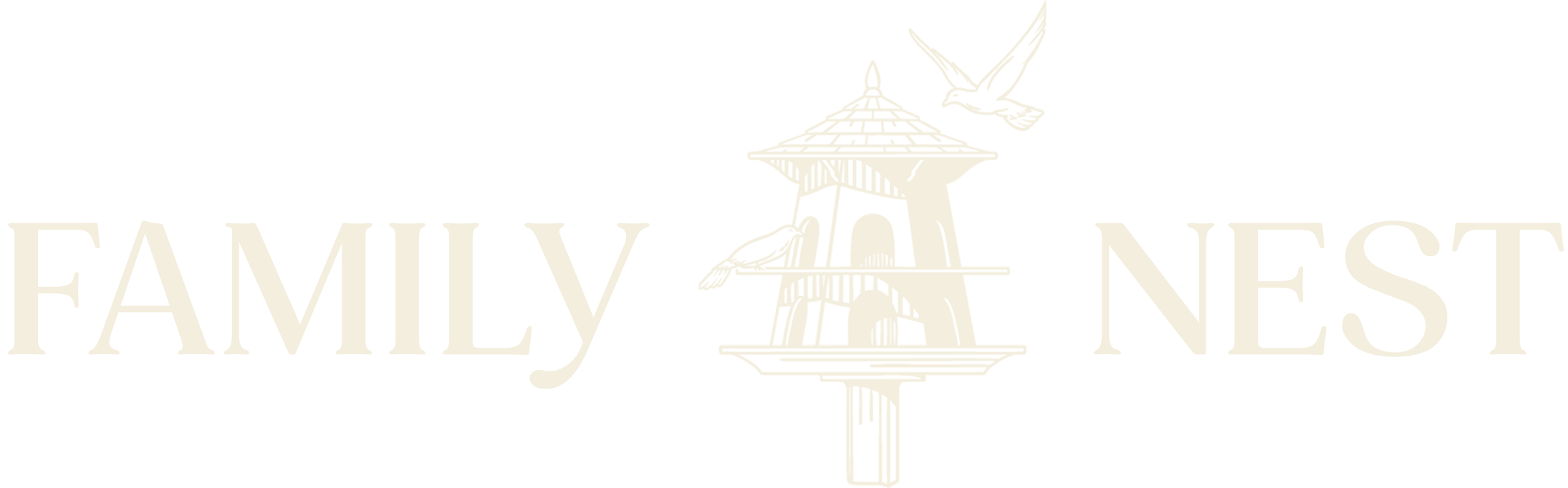 Texto que dice 'FAMILY' y 'NEST' con una ilustración de un nido en un árbol y un pájaro en vuelo.