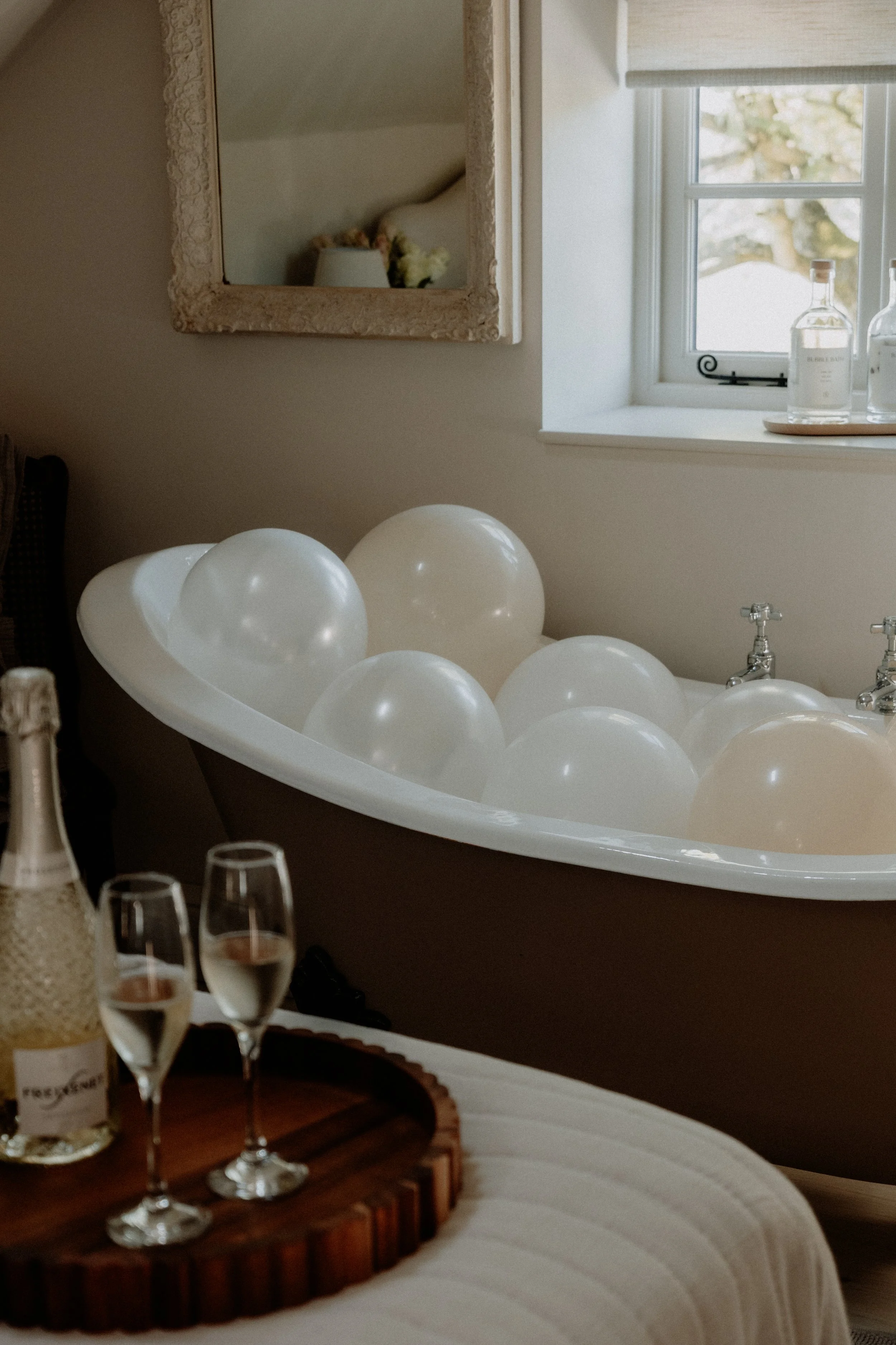 Balloons set up for a celebration stay at Cedar Cottage, a romantic Derbyshire holiday cottage.