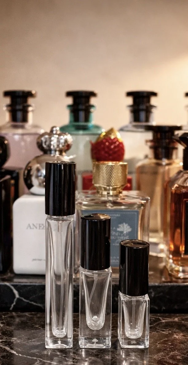A collection of perfume bottles of various sizes and shapes on a marble surface, with some featuring decorative caps including a strawberry-shaped cap, and a blurred background of more perfume bottles.