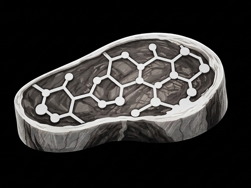 Illustration of a cut of meat with a molecular structure overlay on top.