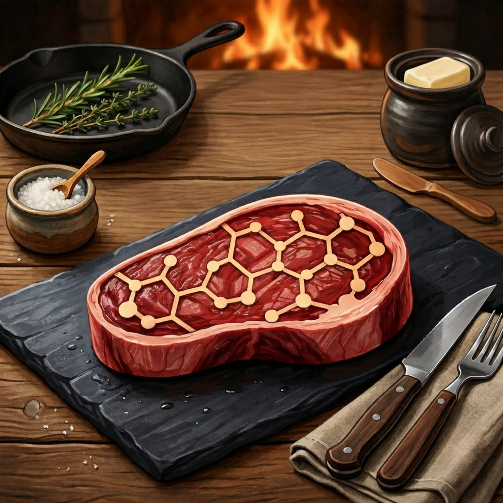 A raw steak with a molecular structure design on top, placed on a black slate board with salt, herbs, butter, and utensils on a wooden table in front of a fireplace.