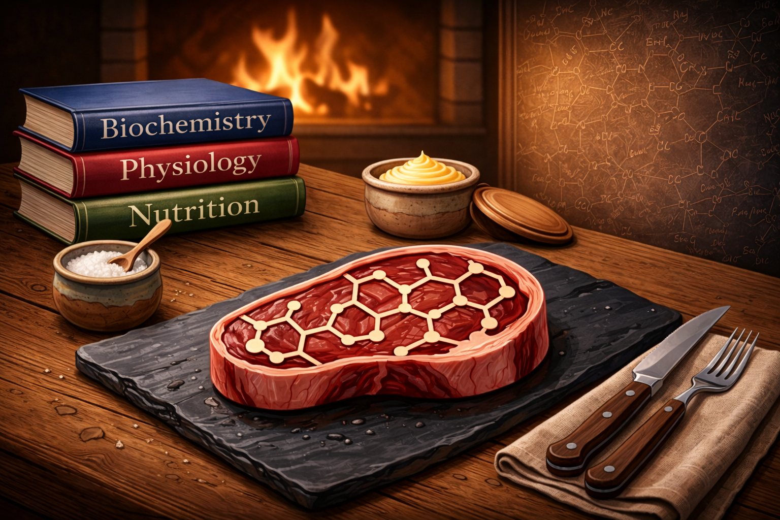 A scientific scene featuring a raw steak with a molecular structure pattern on top, surrounded by textbooks labeled Biochemistry, Physiology, and Nutrition, a bowl of salt, a bowl of butter, and cutlery on a wooden table with a burning fireplace and chemical diagrams in the background.