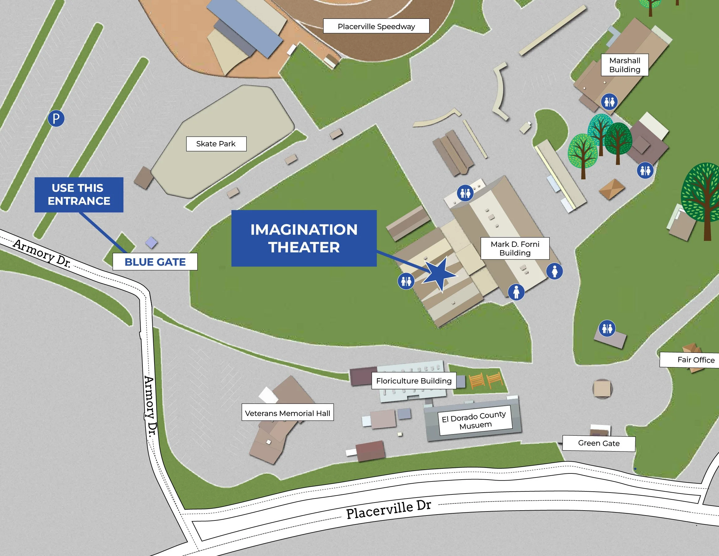 A detailed map of a park with labeled features including the Imagination Theater, Skate Park, veterans memorial hall, El Dorado County Museum, and various buildings such as the Marshalls Building and Floriculture Building. The map indicates entrances, gates, parking areas, and restroom locations, with surrounding roads named Armor Drive and Placerville Drive.