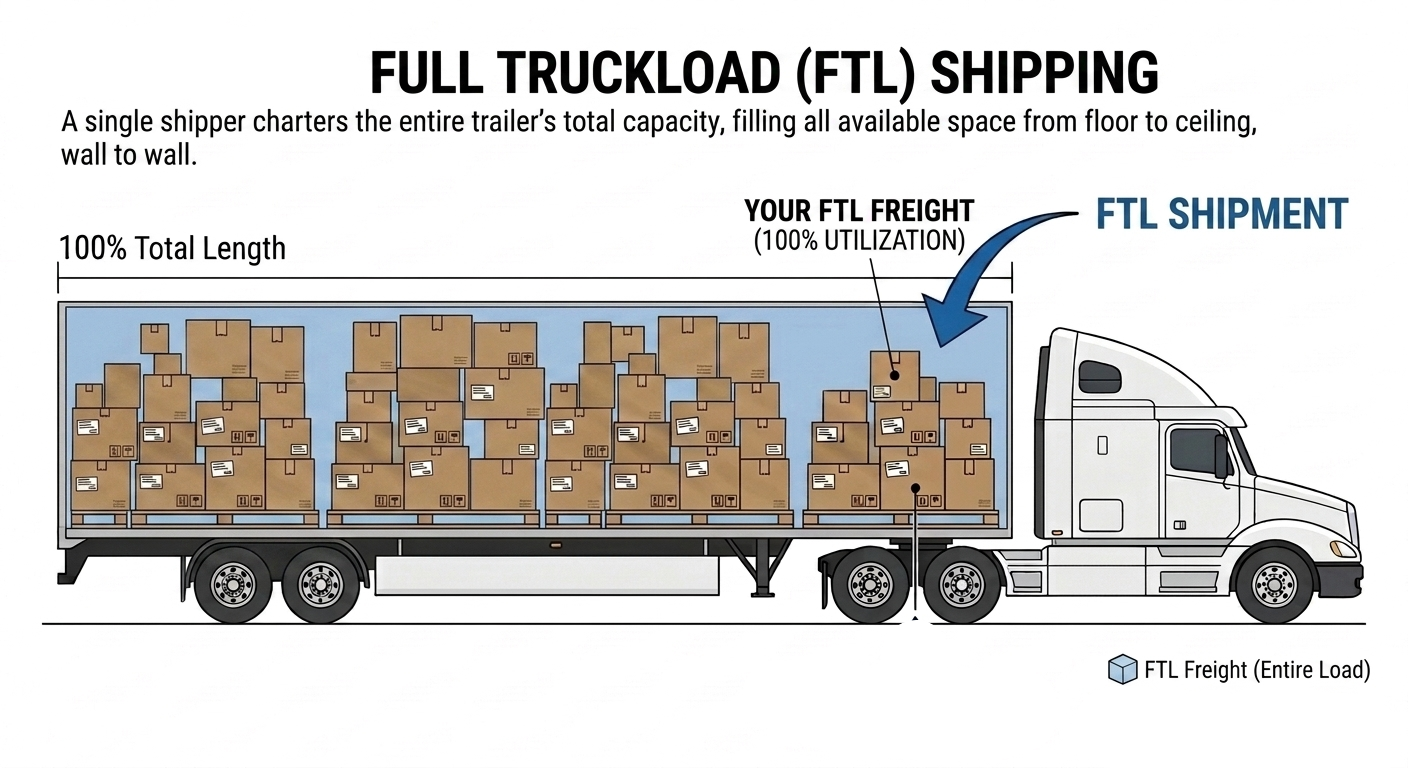 Diagram of a semi-truck with boxes representing full truckload (FTL) shipping. The truck is filled with boxes from floor to ceiling and wall to wall, illustrating the entire cargo space. The diagram shows the capacity and utilization of FTL shipping, with labels indicating 100% utilization and the entire load.