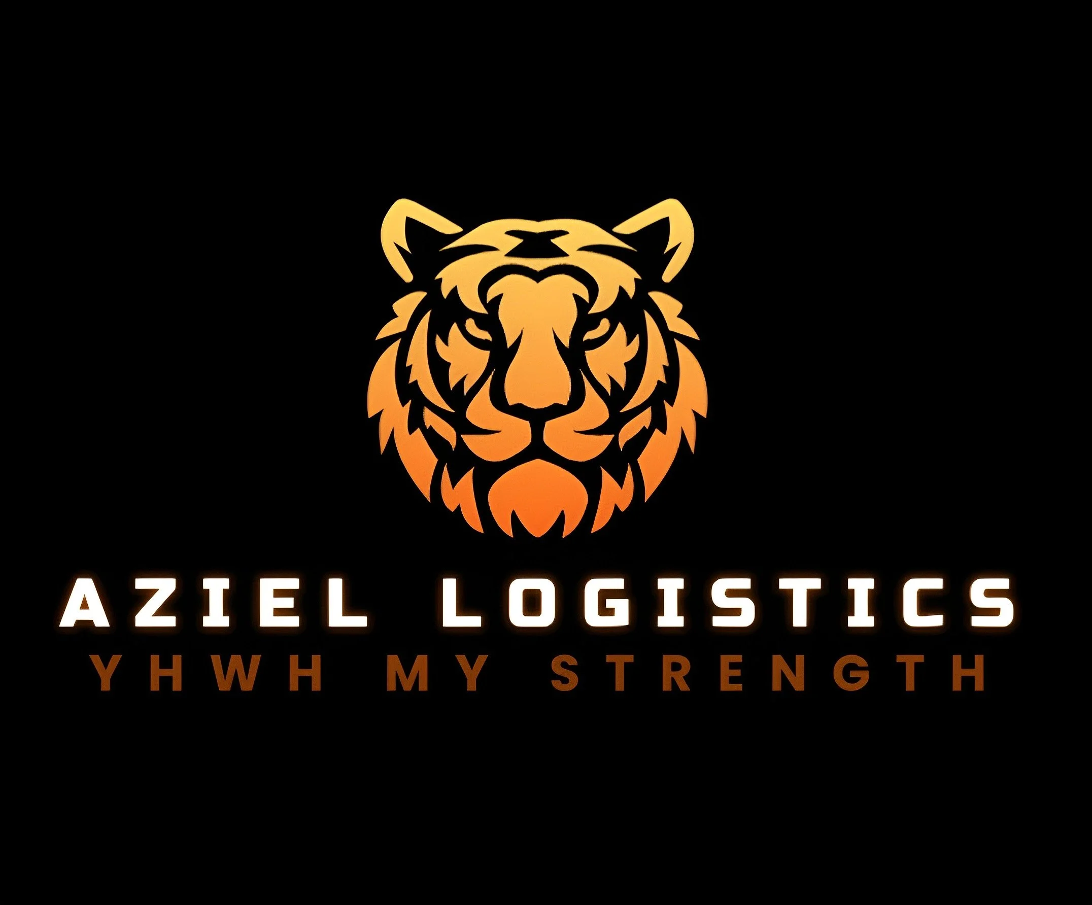 A logo featuring a stylized orange tiger's head above the text 'AZIEL LOGISTICS' in white, with the tagline 'YHWYMYSTRENGTH' in orange below, on a black background.