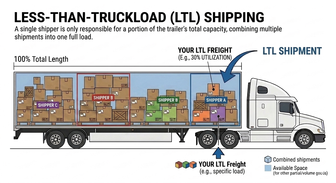 Diagram showing the concept of less-than-truckload (LTL) shipping, with a truck loaded with multiple shipments of different shippers in marked sections, and labels indicating total freight, individual shipper loads, and available space.