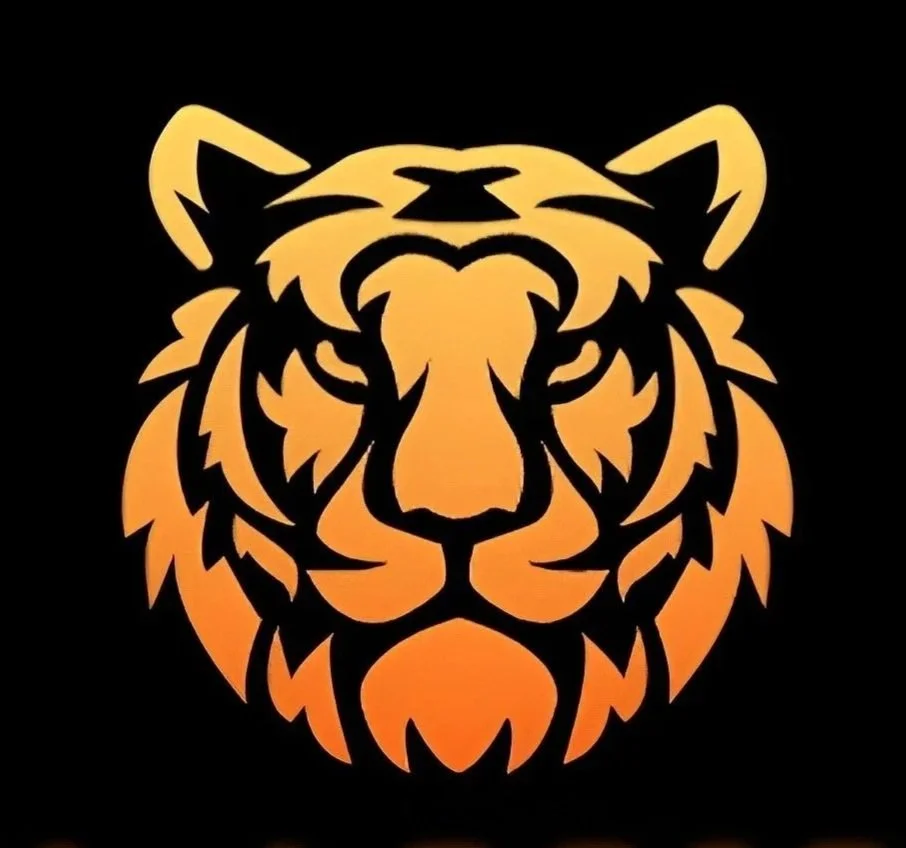 Illustration of a tiger's face in black and orange hues on a black background.