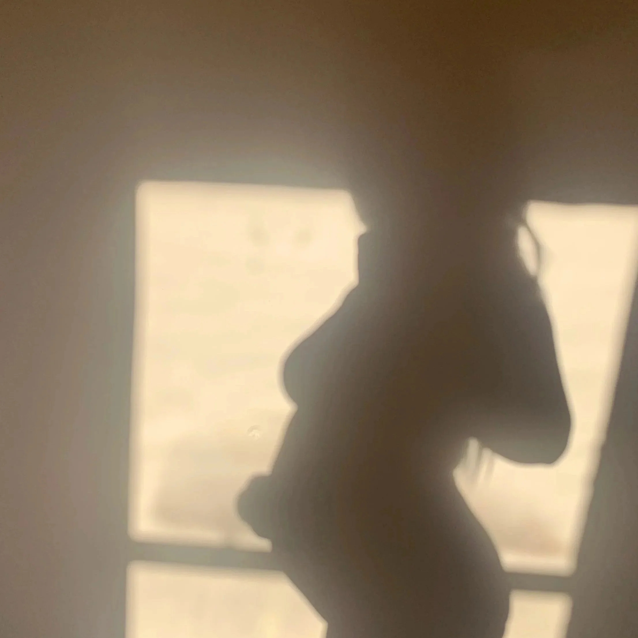 Silhouette of a woman in profile standing in front of a backlit window, with her hand on her thigh.