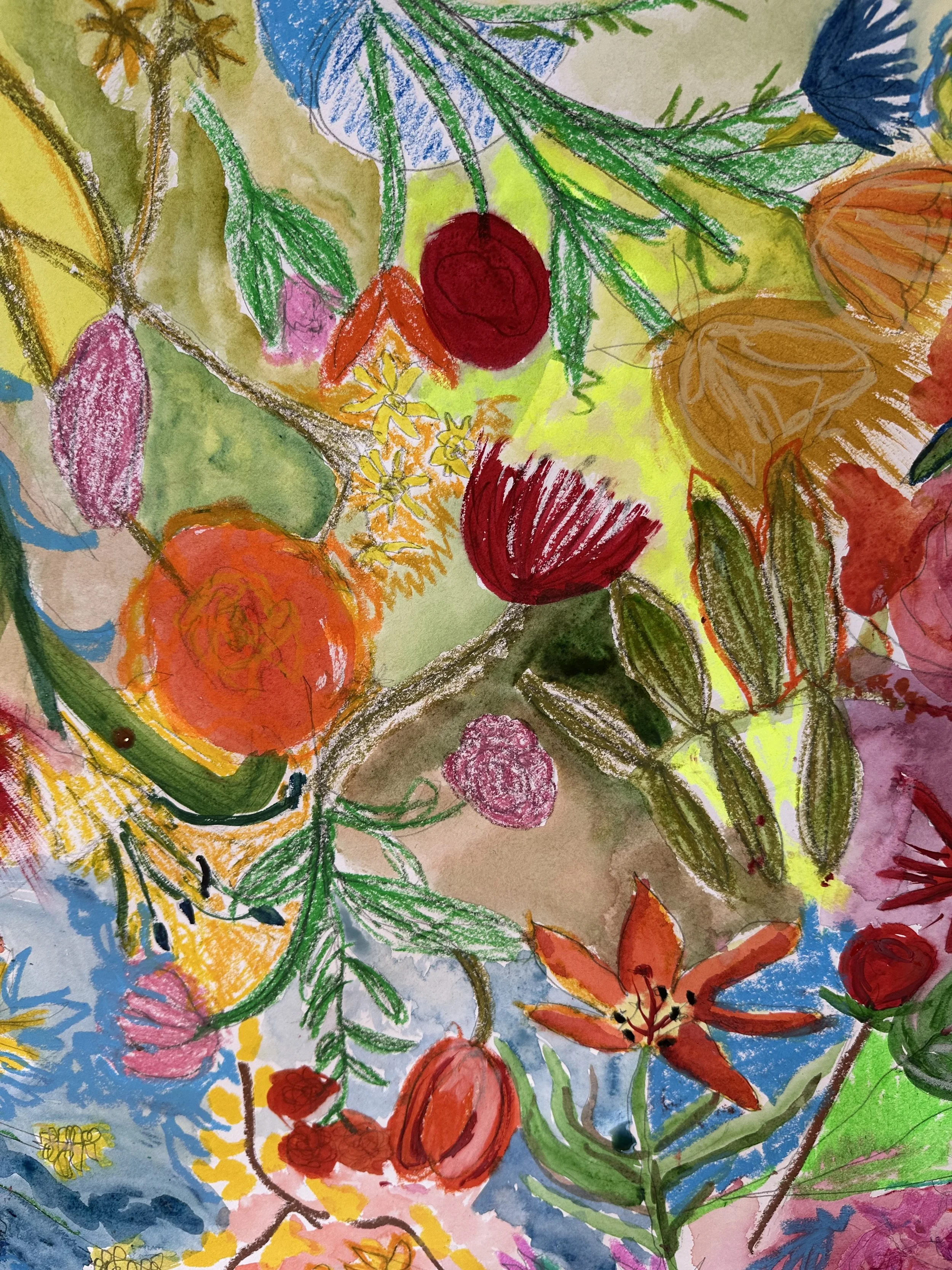 Colorful watercolor painting of various flowers, leaves, and plant elements in vibrant colors including red, orange, pink, yellow, green, blue, and purple. An example of communal painting by A Creative Pause