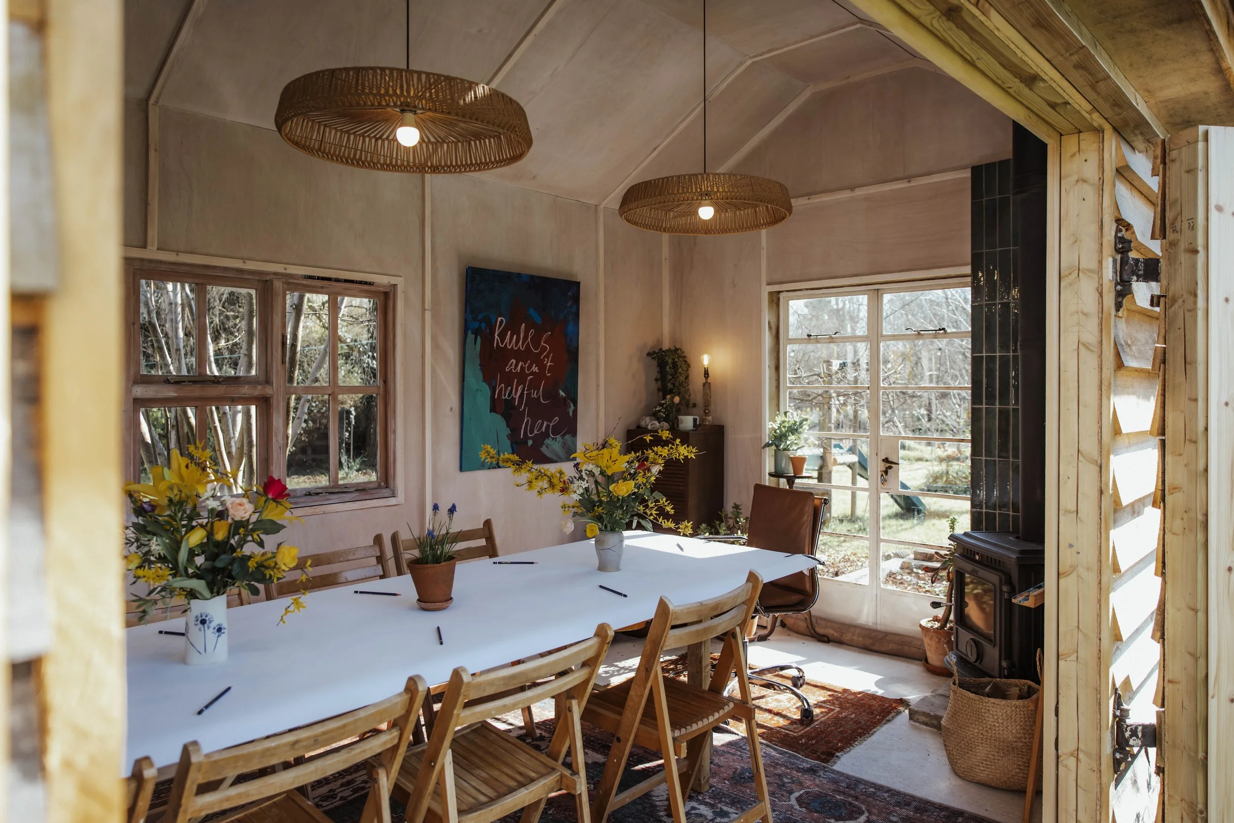 An interior shot of the creative pause studio, all set up for a communal collaborative painting session