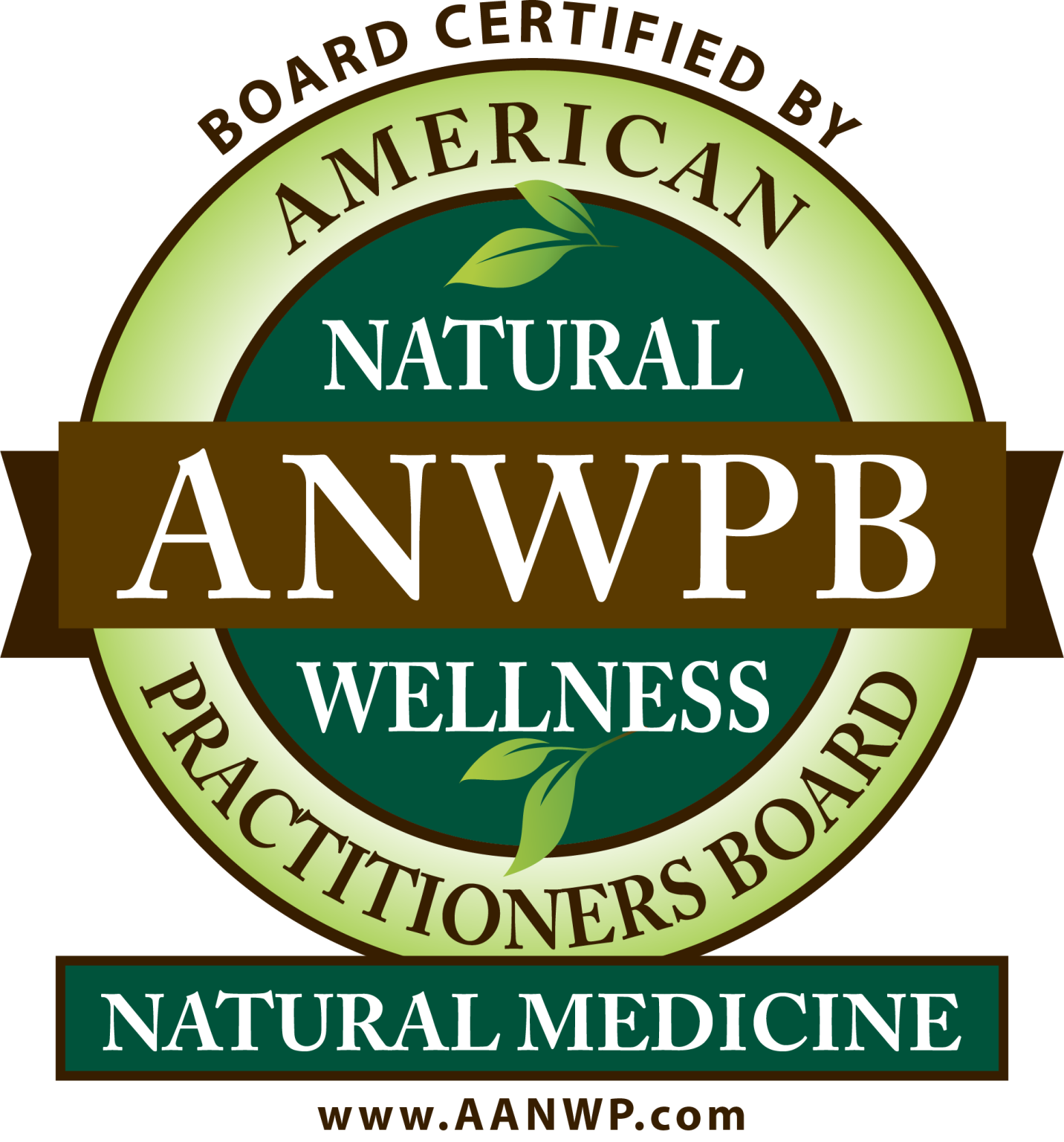 A circular certification badge with the text 'Board Certified by American Natural Wellness Practitioners Board' and 'Natural AANWPB'. The badge features green and brown colors with leaf graphics, emphasizing natural medicine.