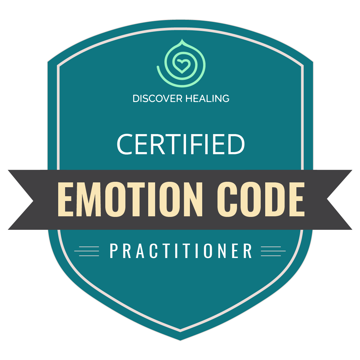 A badge with a teal shield background and a gray ribbon across the middle. The top part of the badge says "Discover Healing" with a heart symbol above it. The ribbon reads "Emotion Code" in large beige letters. Below the ribbon, it says "Practitioner".