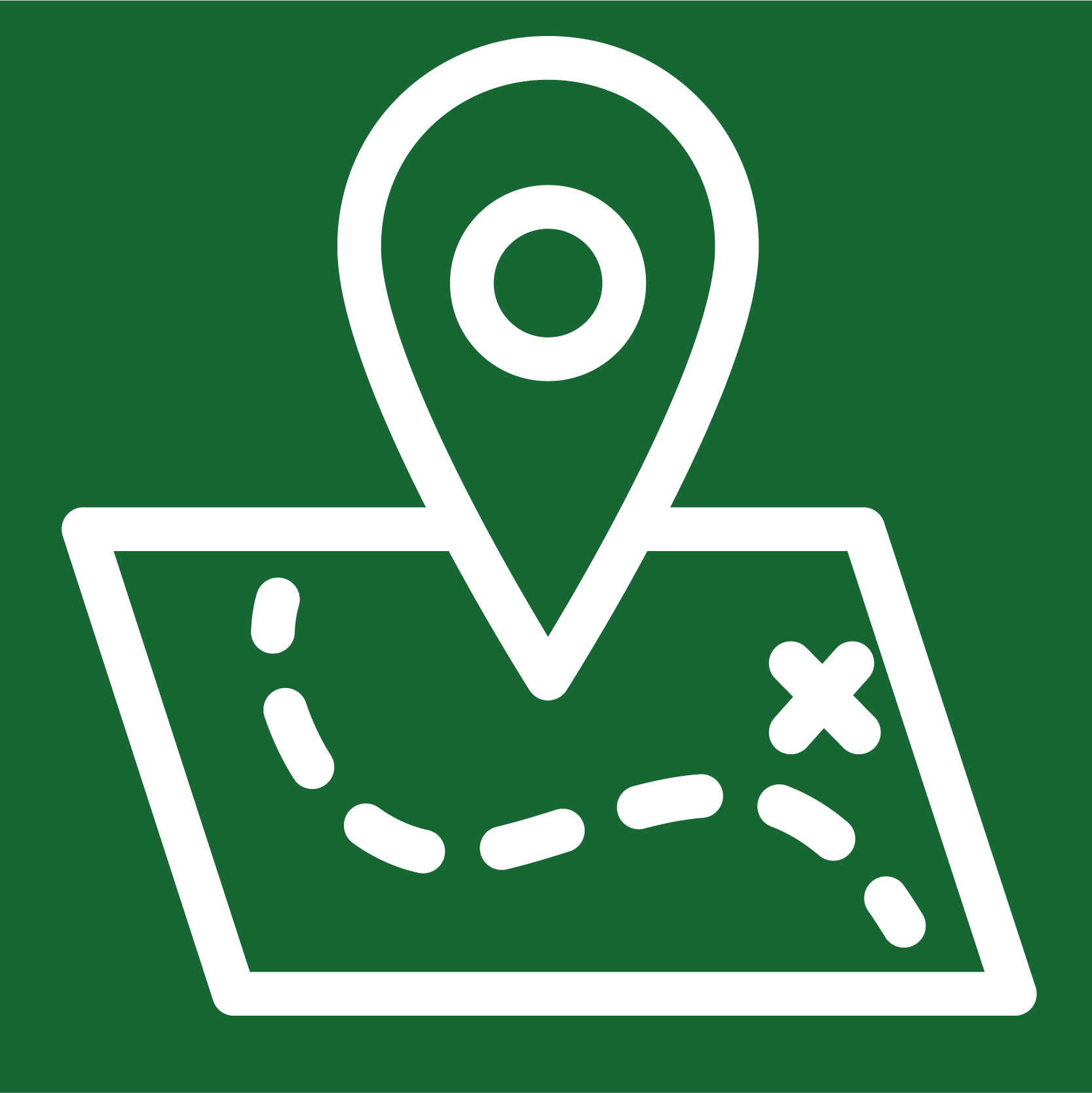 White outline of a map with a dotted pathway and an 'X' mark on a green background, and a location pin above the map.