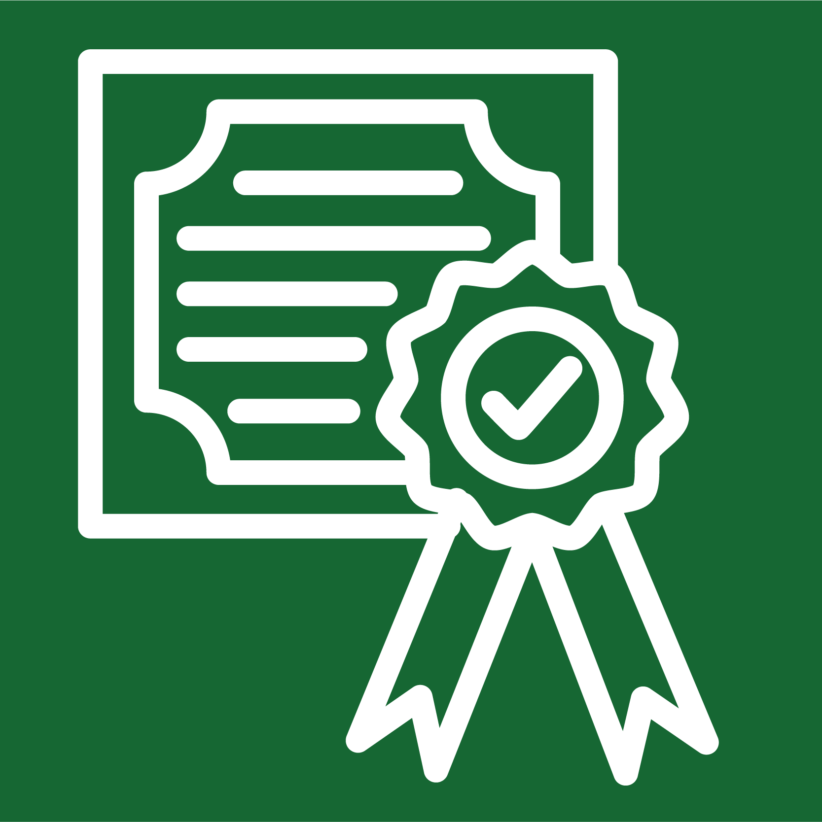Icon of a certificate with a checkmark badge on a green background.