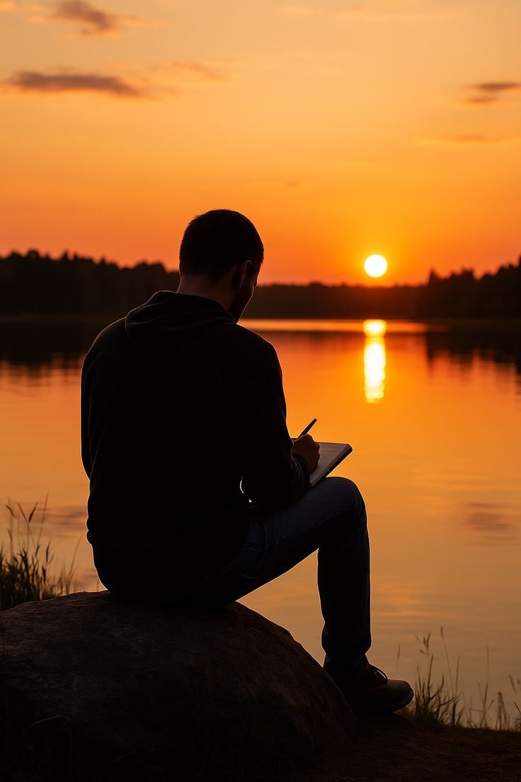 Silhouette of a man sitting on a rock by a river at sunset, looking at his phone.