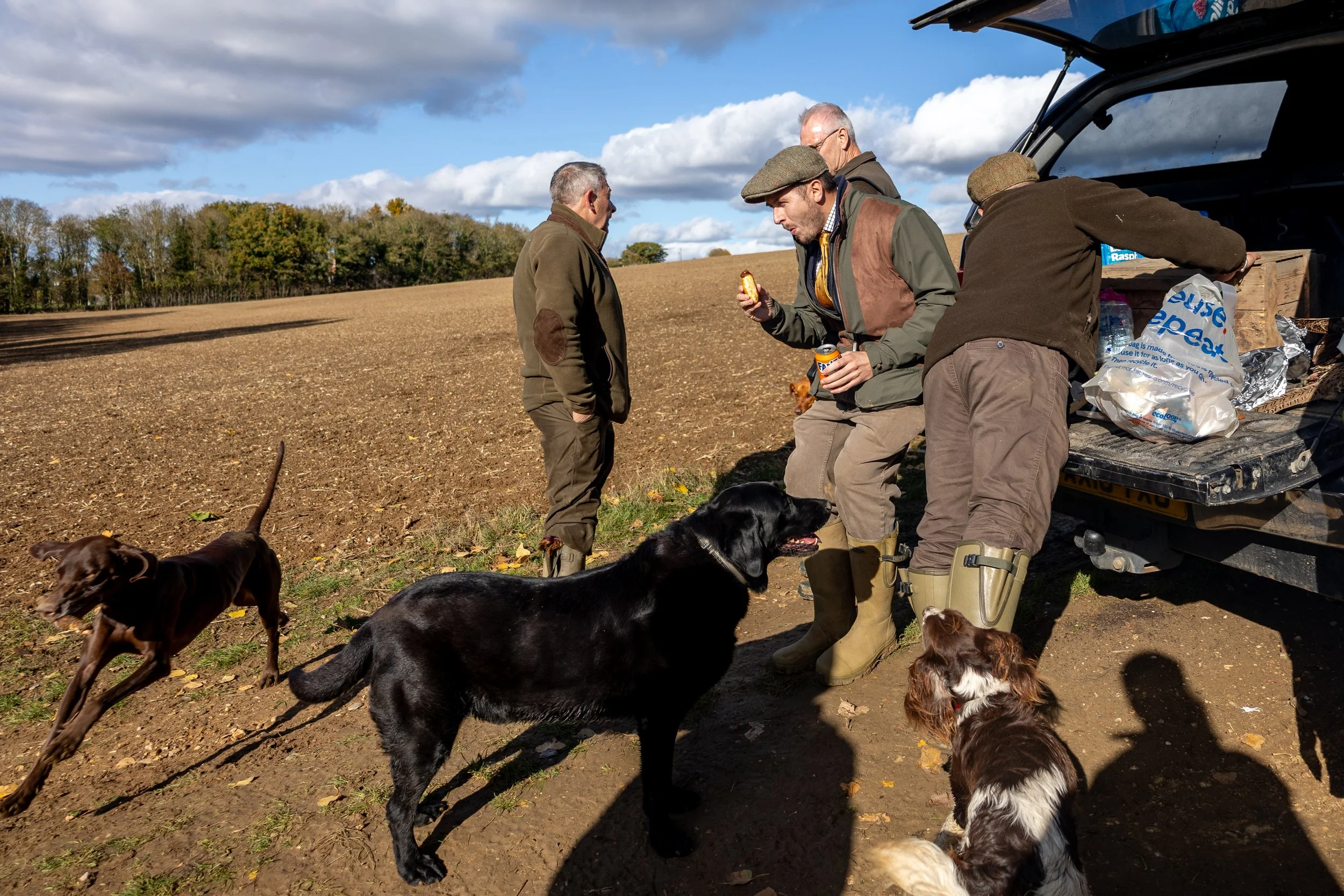 Four men with dogs enjoy a break outdoors near an open vehicle on a farm field during a pheasant shoot in autumn with a cloudy sky.