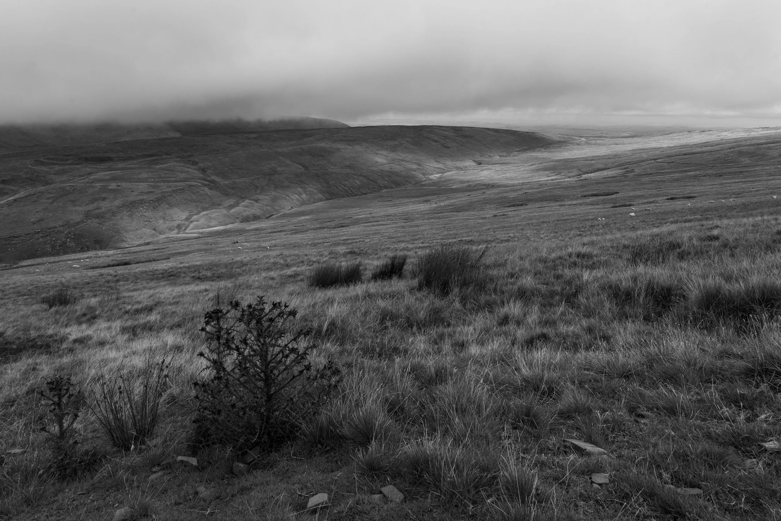 Pen Y Fan, Wales. Black and white monochrome landscape across the hills